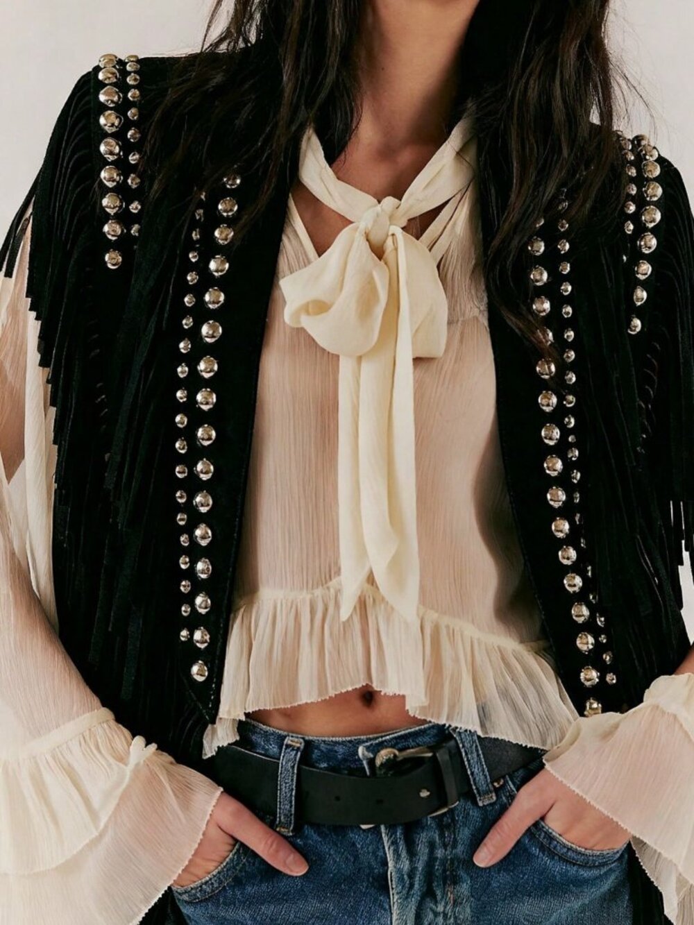Black Casual Women's Fringe Studded Puff Sleeve Loose Fit Shawl Jacket Cardigan - Picture 5 of 5